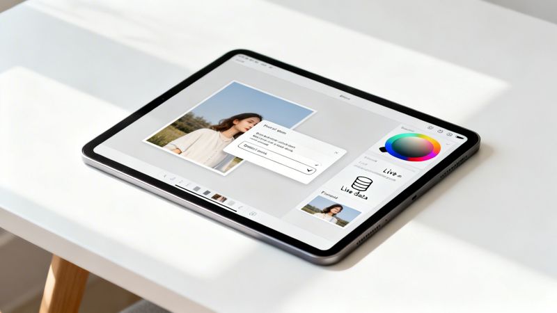 A tablet displaying image editing software with a photo of a woman and a color palette.