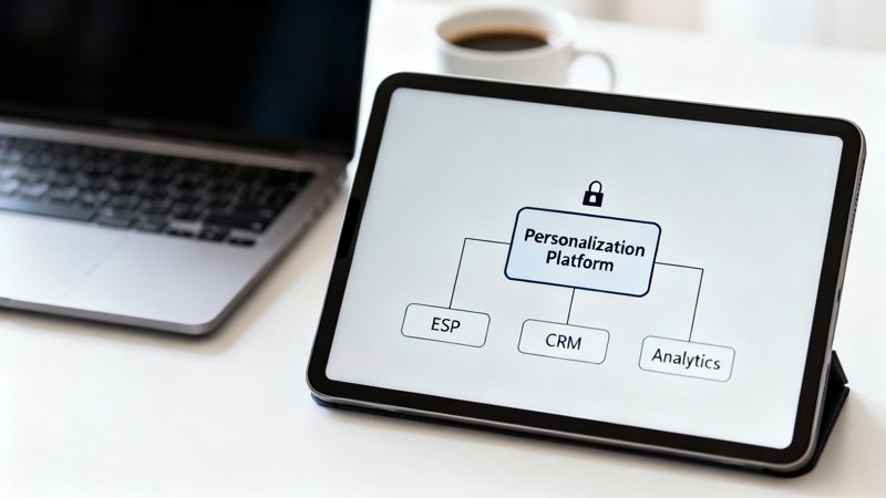 A tablet displays a diagram of a personalization platform connected to ESP, CRM, and Analytics, with a laptop and coffee in the background.