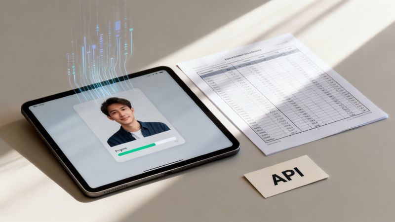 A tablet displays a portrait with AI processing data streams, next to a document and API card.