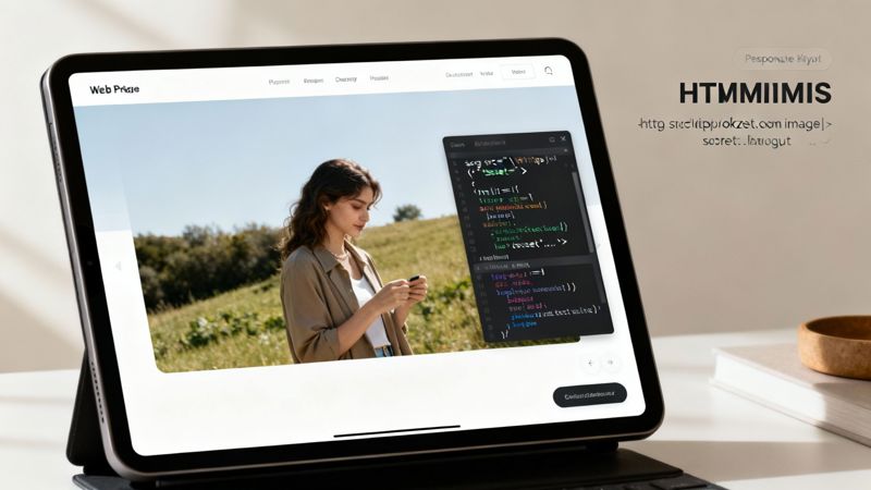 A tablet displays a website featuring a woman on her phone in a field, next to a code editor.