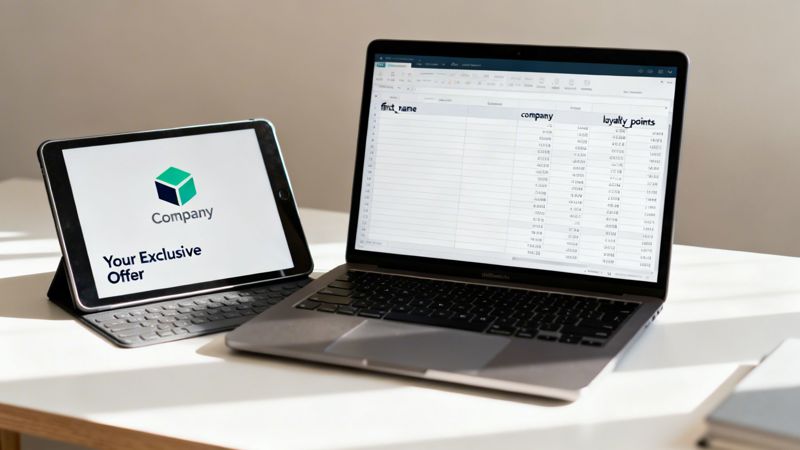 A tablet displays an exclusive company offer, while a laptop shows customer data in a spreadsheet.