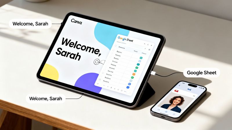 A tablet displays Canva and Google Sheet apps, while a smartphone shows an email app.