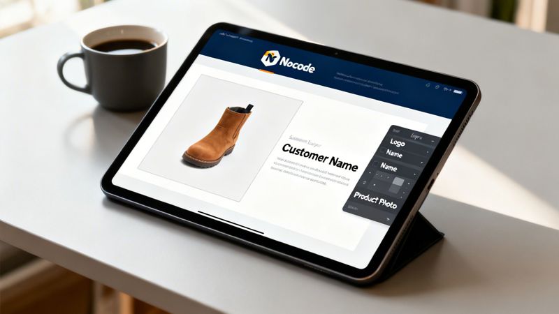 A tablet on a desk displays a no-code website editor showing a product page for a brown boot, with a coffee cup nearby.