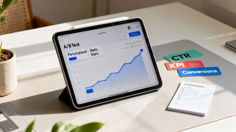 A tablet on a desk displays an A/B test graph, surrounded by CTR, KPI, and Conversions cards.