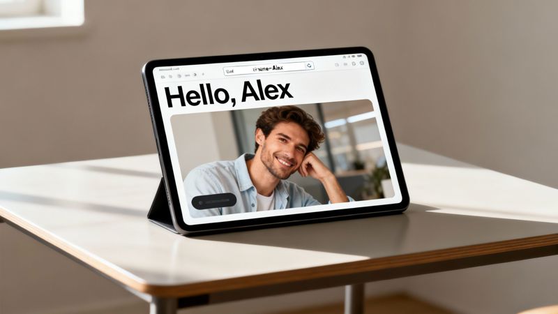 A tablet on a light desk displays a 'Hello, Alex' greeting and a smiling man's photo.