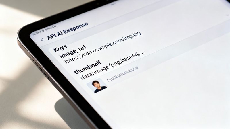 A tablet screen displaying an 'API AI Response' with image URL and thumbnail data.