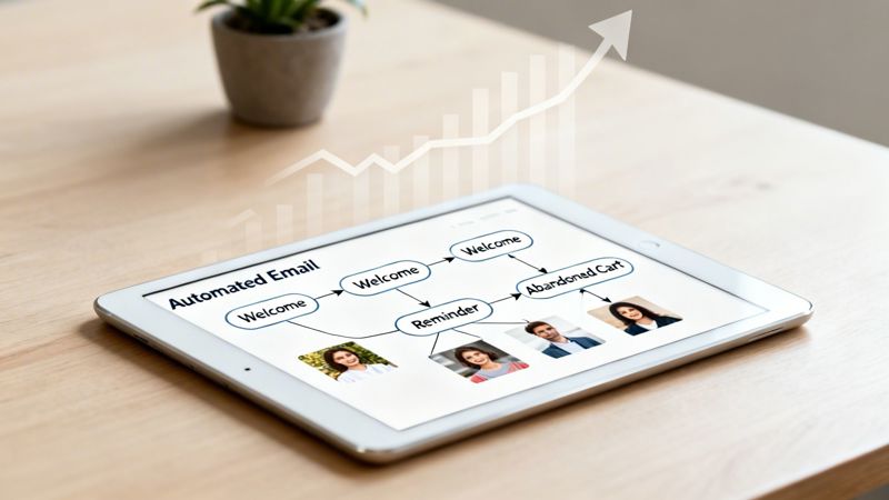 A tablet shows an automated email marketing workflow, including welcome, reminder, and abandoned cart stages, with a rising growth chart.