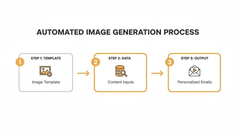 A three-step diagram illustrates the automated image generation process: template, content inputs, and personalized emails.
