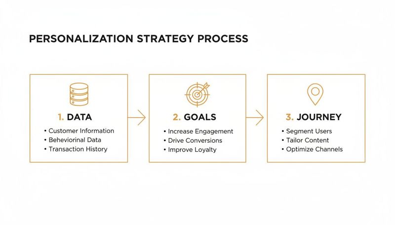 A three-step personalization strategy process: Data, Goals, and Journey, with specific actions listed.