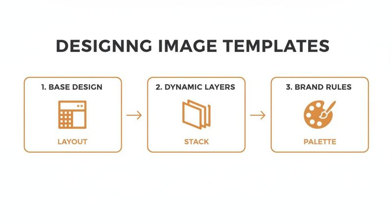A three-step process diagram for designing image templates, showing layout, layers, and brand palette.