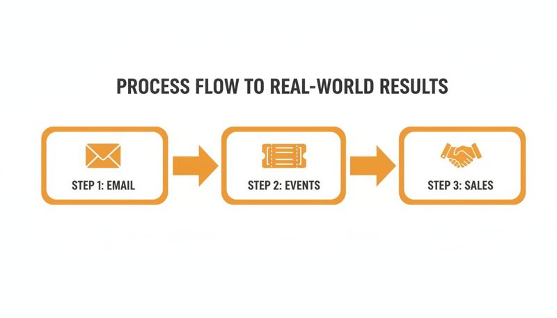 A three-step process flow diagram showing email leading to events, which then leads to sales.