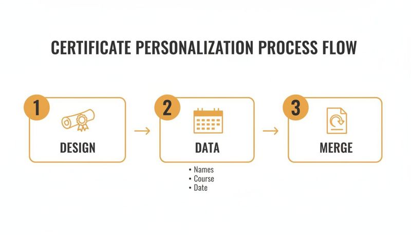 A three-step process flow for certificate personalization, including design, data input, and merging.