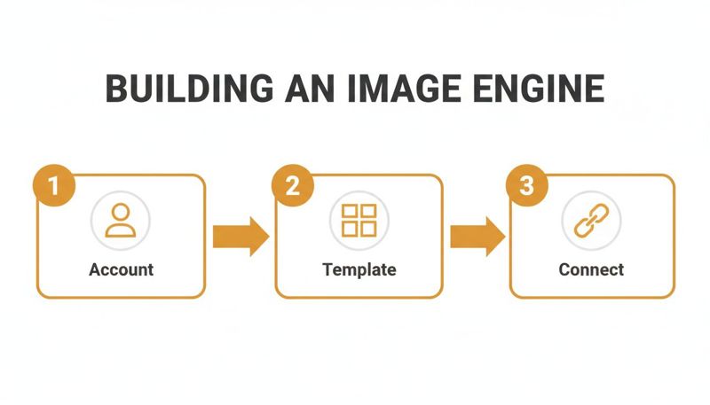 A three-step process for building an image engine: Account, Template, and Connect, with arrow indicators.