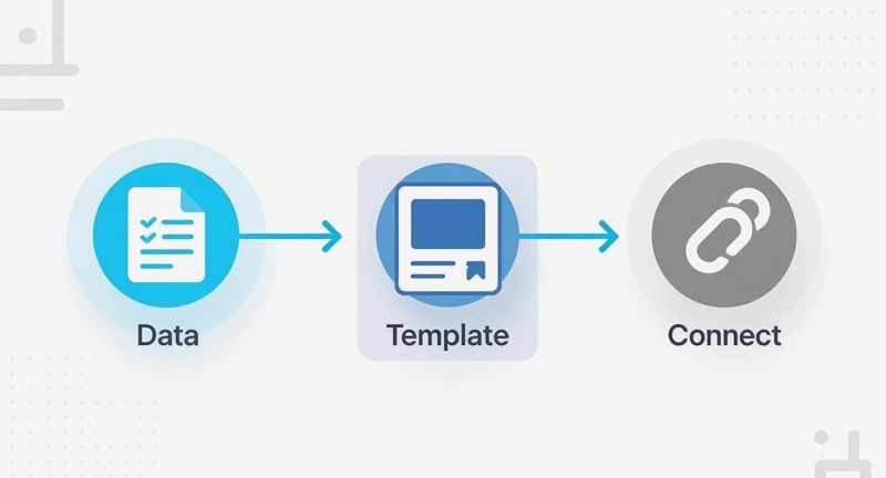 A three-step workflow diagram showing Data (document), Template (screen), and Connect (link) icons connected by arrows.