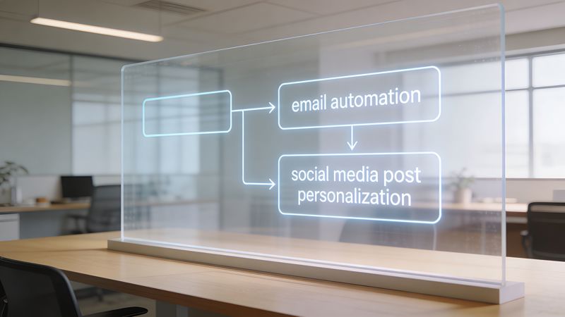 A transparent digital screen displaying a workflow diagram about email automation and social media post personalization.