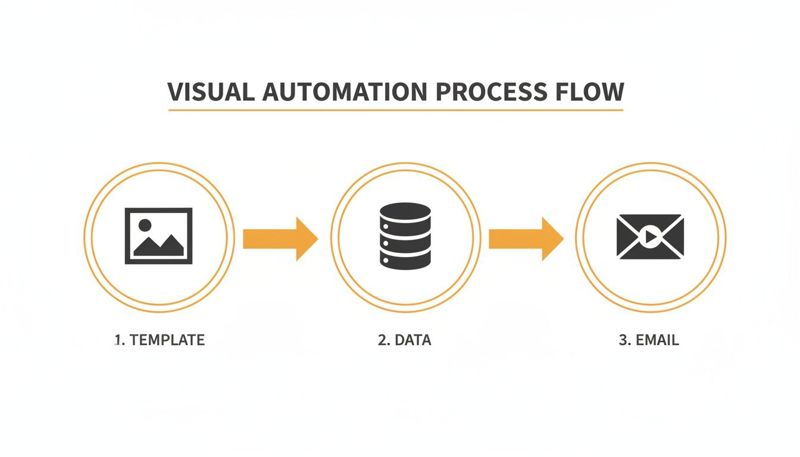 A visual automation process flow illustrating three steps: template, data, and email generation.
