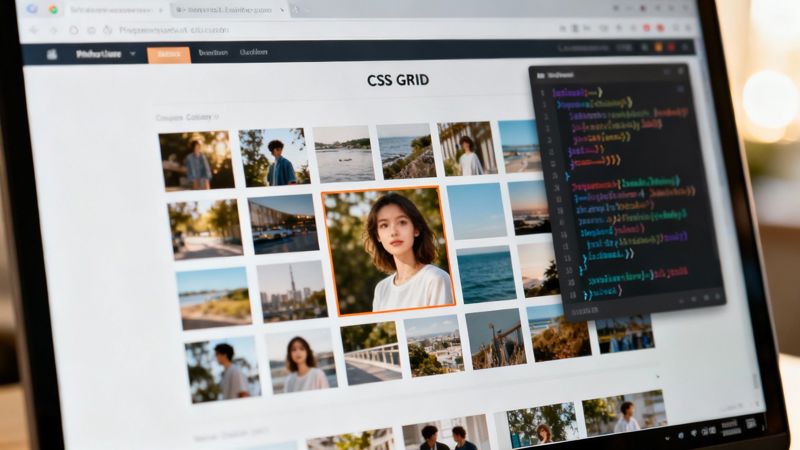 A visual representation of CSS Grid layout, with an image centered in one of the grid cells.