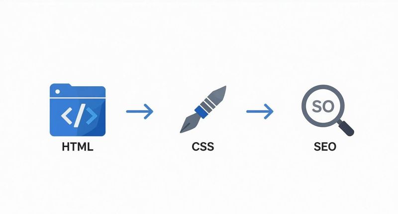 A visual workflow showing the progression from HTML coding to CSS styling and finally SEO optimization.
