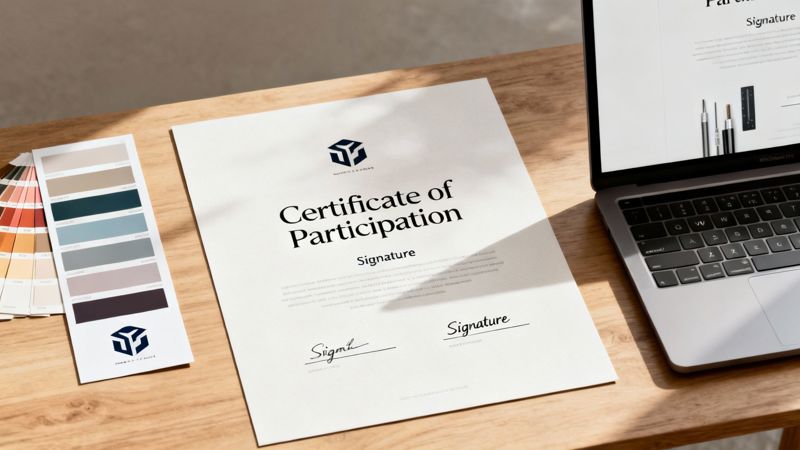 A white 'Certificate of Participation' document on a wooden desk, alongside a color palette and a laptop.