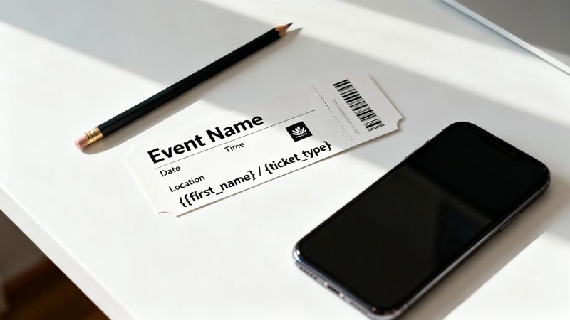 A white generic event ticket template with a pencil and a smartphone on a bright white desk.