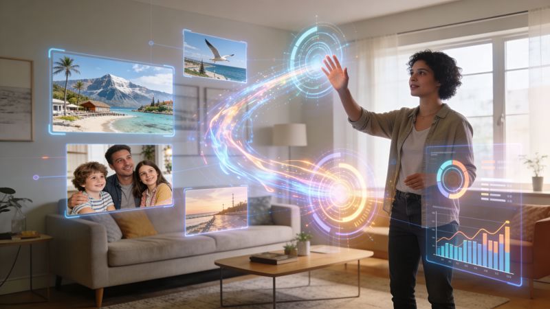 A woman interacting with holographic augmented reality interfaces representing digital media, photos, and data analytics in her home.