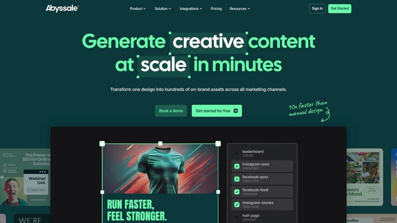 Abyssale's dashboard showing a template editor with dynamic layers for creative automation and banner generation.