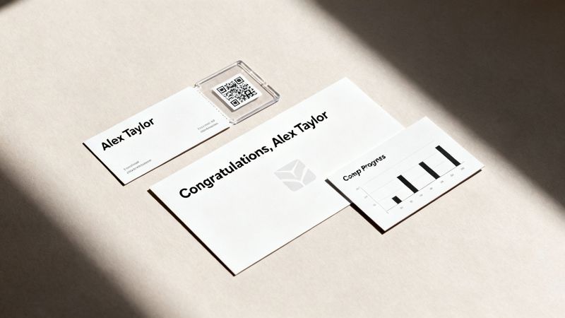 Alex Taylor's personalized business cards, a congratulatory message, and a progress chart on a light surface.