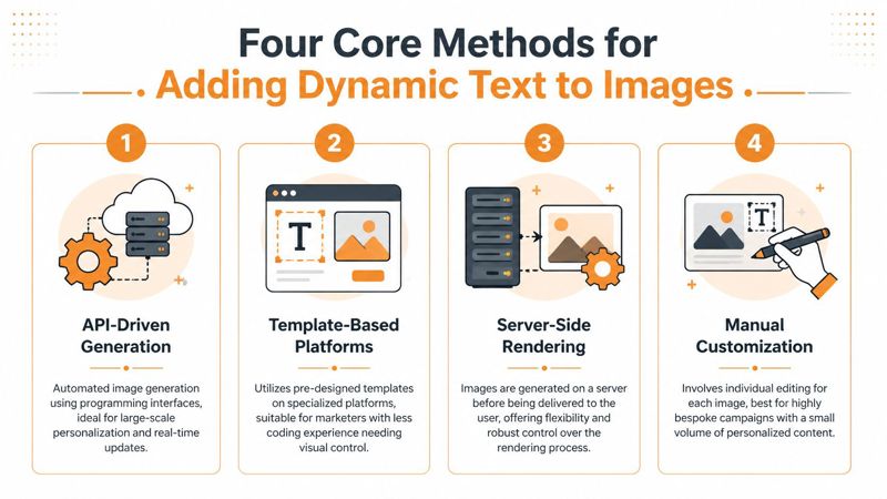 An infographic detailing four core methods for adding dynamic text to images, including API, templates, rendering, and manual.