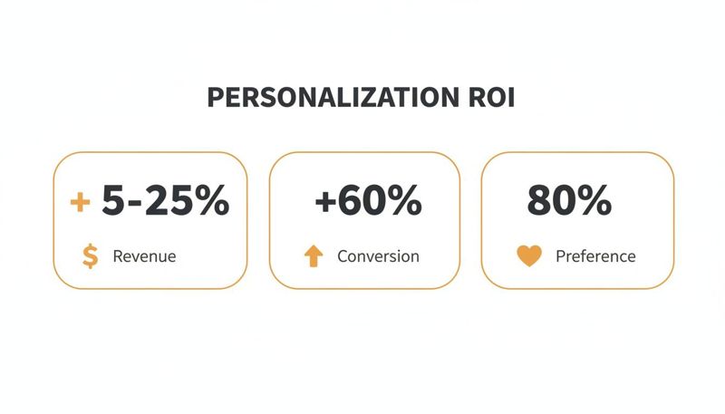 An infographic detailing the ROI of personalization, showing significant increases in revenue, conversion, and customer preference.