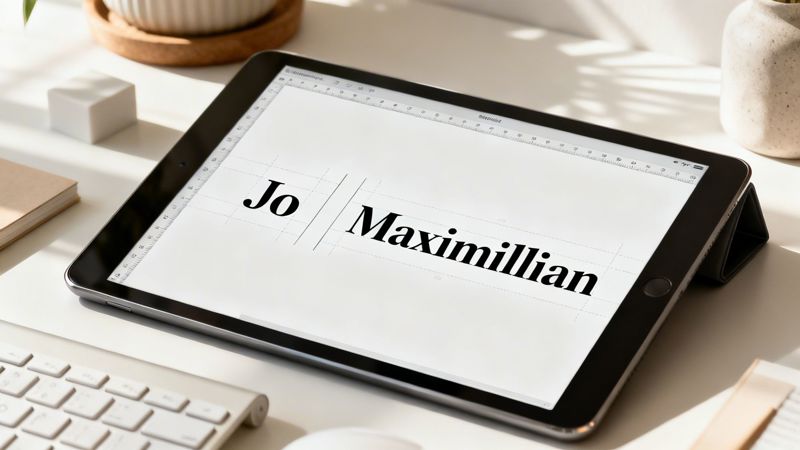 An iPad displaying 'Jo | Maximillian' text with design rulers, on a white desk beside a keyboard.