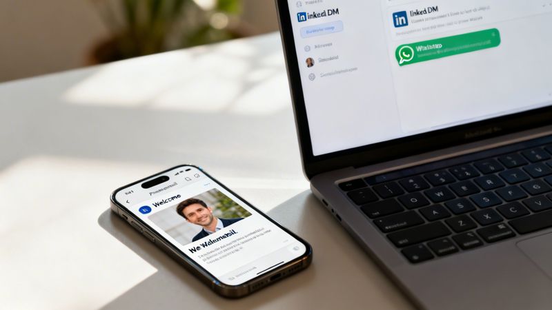 An iPhone displaying an email next to a laptop showing LinkedIn DM and WhatsApp integration.