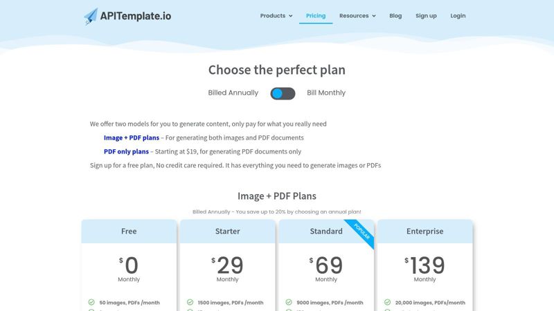 APITemplate.io pricing plans showing a free tier and paid plans for image generation