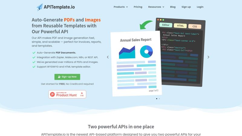 APITemplate.io's interface showing a template for a social media graphic with dynamic fields for text and images.