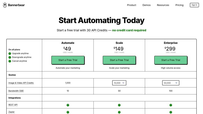 Bannerbear pricing plans showing different tiers for image and video generation