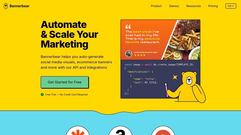 Bannerbear screenshot showing the template editor with dynamic layers for text and images, and the corresponding URL structure to generate variations.
