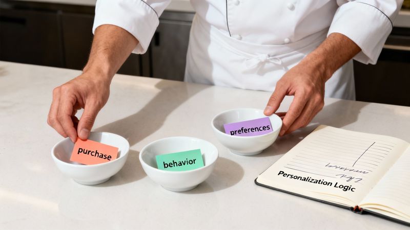 Chef organizes bowls with 'purchase,' 'behavior,' and 'preferences' notes for personalization logic.