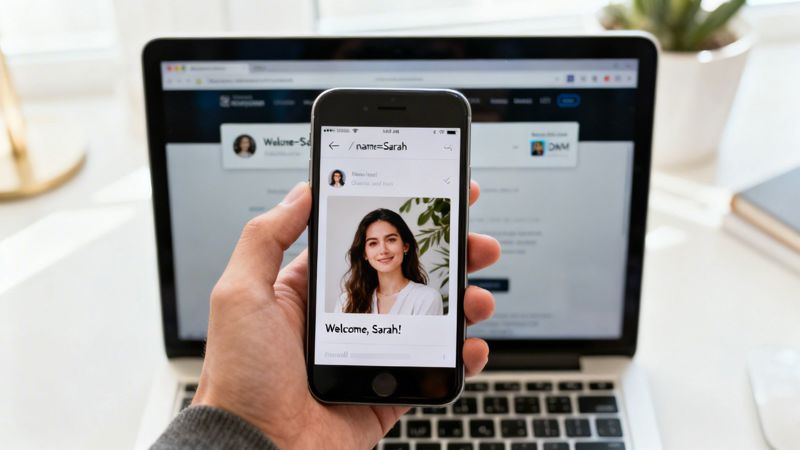 Close-up of a hand holding a smartphone displaying a welcome message and a user profile picture.