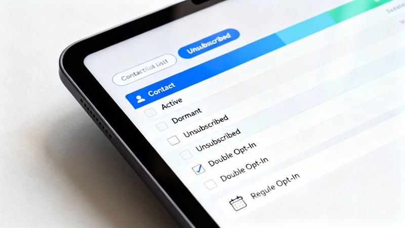 Close-up of a tablet screen displaying an email contact list with 'Double Opt-In' checked.