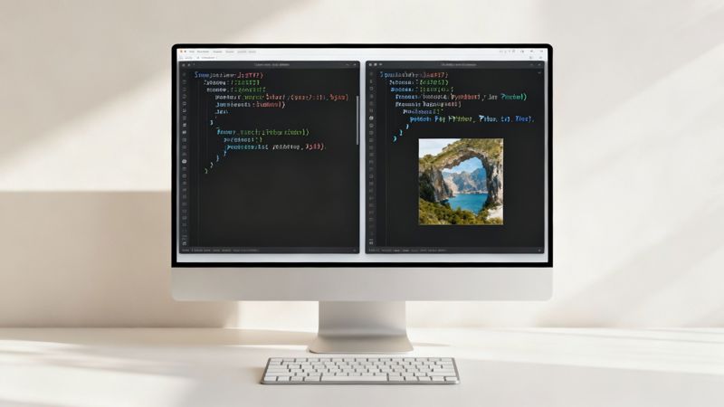 Computer monitor displaying code editor with JSON data and scenic landscape image from API