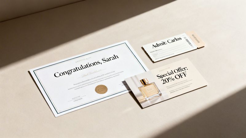 Customized printed materials: a certificate for Sarah, a ticket for Carlos, and a perfume discount card.