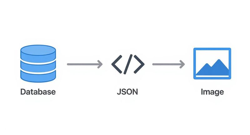 Database to JSON to image workflow diagram showing data transformation process for REST API