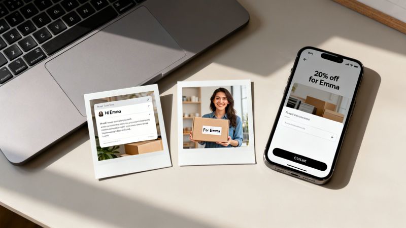 Desk setup with laptop, personalized chat, woman holding a package for Emma, and phone showing a discount.