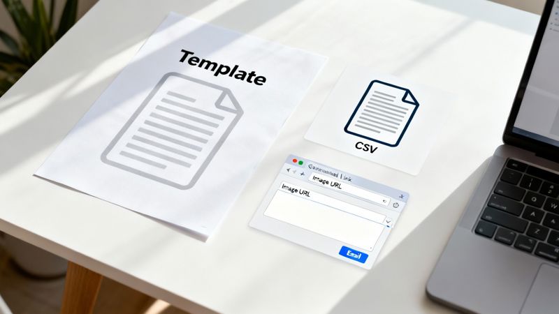 Desk with 'Template' and 'CSV' documents, a laptop, and an 'Image URL' form for personalized email.