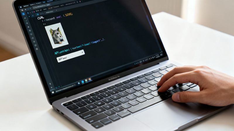Developer coding API integration for random image generation on laptop with autocomplete suggestion