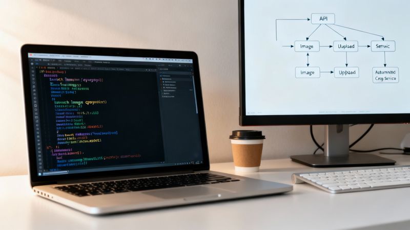 Developer's desk with a laptop showing code and a monitor displaying an image processing workflow diagram.