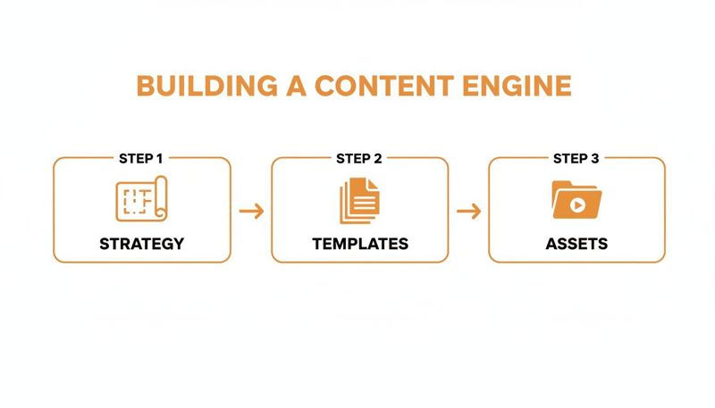 Diagram showing three steps to build a content engine: Strategy, Templates, and Assets.