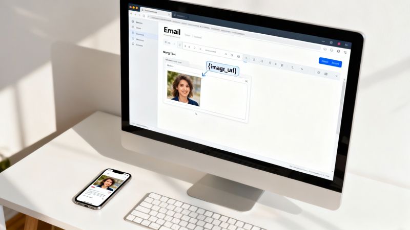 Email editor on a monitor showing dynamic image personalization with a woman's photo and a smartphone preview.