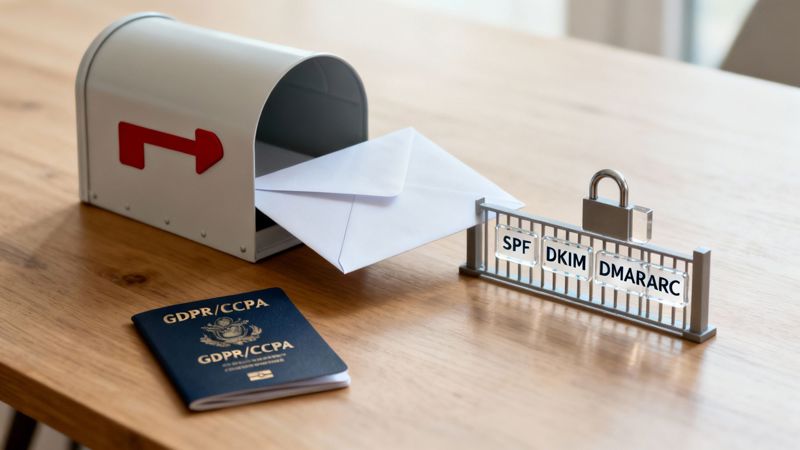 Email security and data privacy concept with mailbox, envelope, GDPR/CCPA booklet, and SPF, DKIM, DMARC gate.