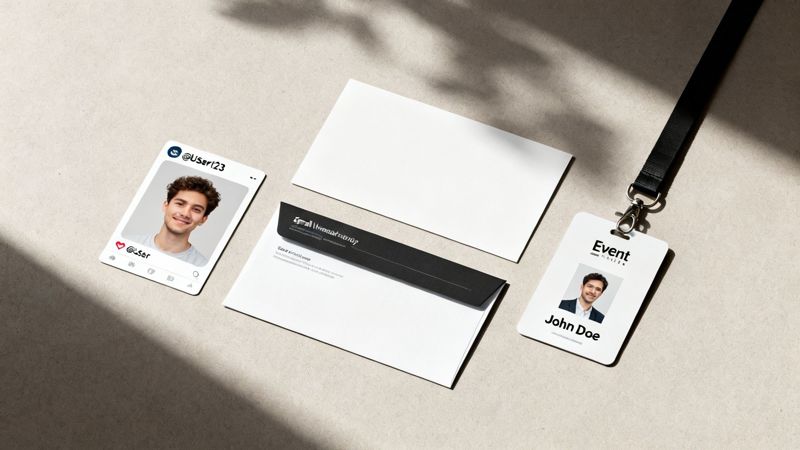 Flat lay of branding mockups with a social media profile card, event pass, and envelopes on a beige surface.