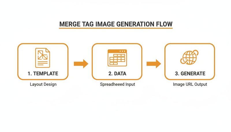Flow diagram illustrating the merge tag image generation process from template design and data input to image URL output.